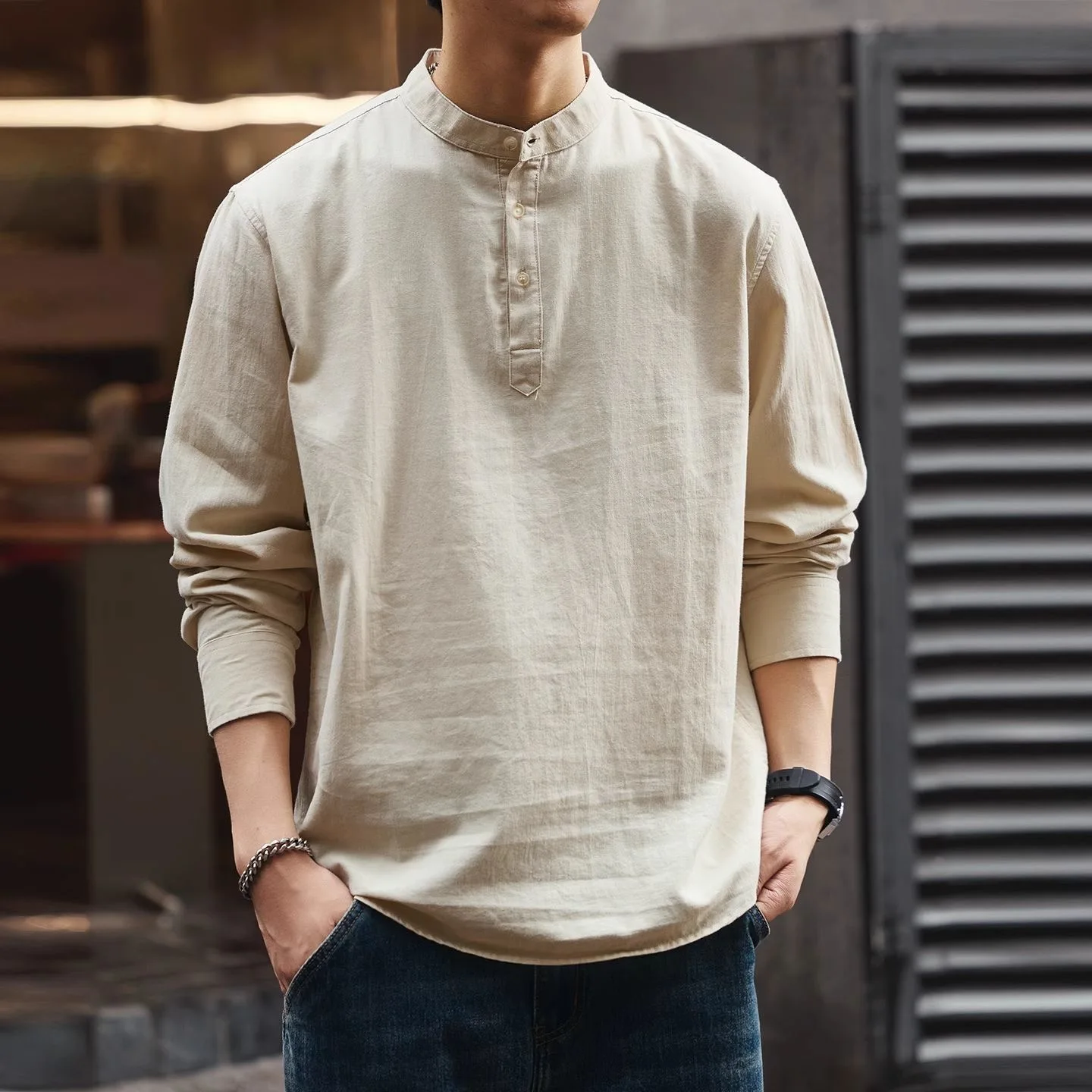 

Универсальная мужская рубашка в американском стиле с длинным рукавом, повседневная, свободного кроя, с воротником хенли, весна-осень, из хлопка и льна, дышащая, тонкая