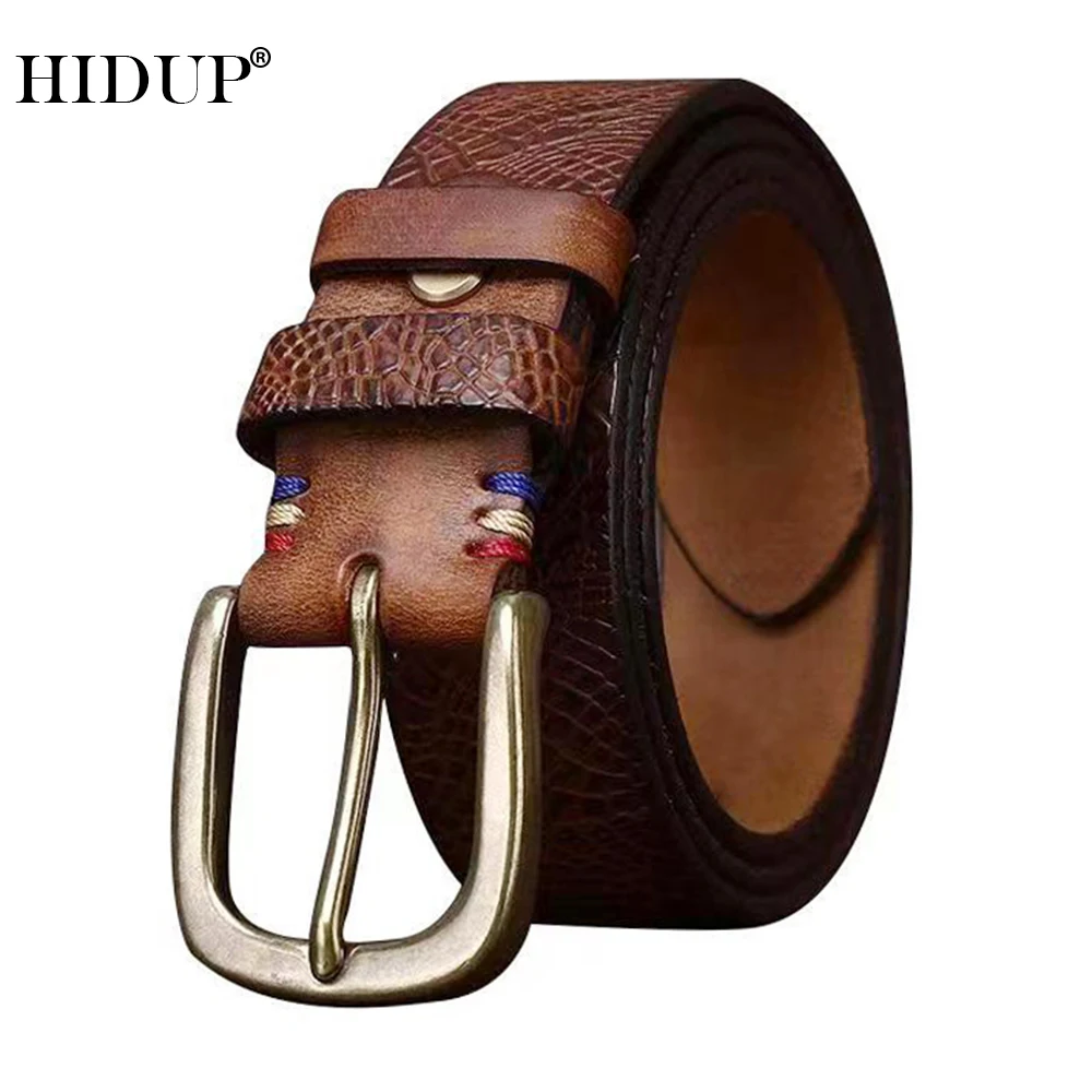 

HIDUP Top Quality Pure Cowhide Leather Brass Pin Buckle Belts for Men NWJ1242