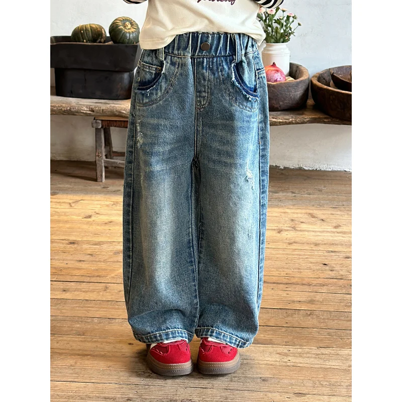 

Aimo Beibei Crawler2024Autumn New Children's Washed Soft Jeans Girls' Personality Old Daddy Straight-Leg Pants