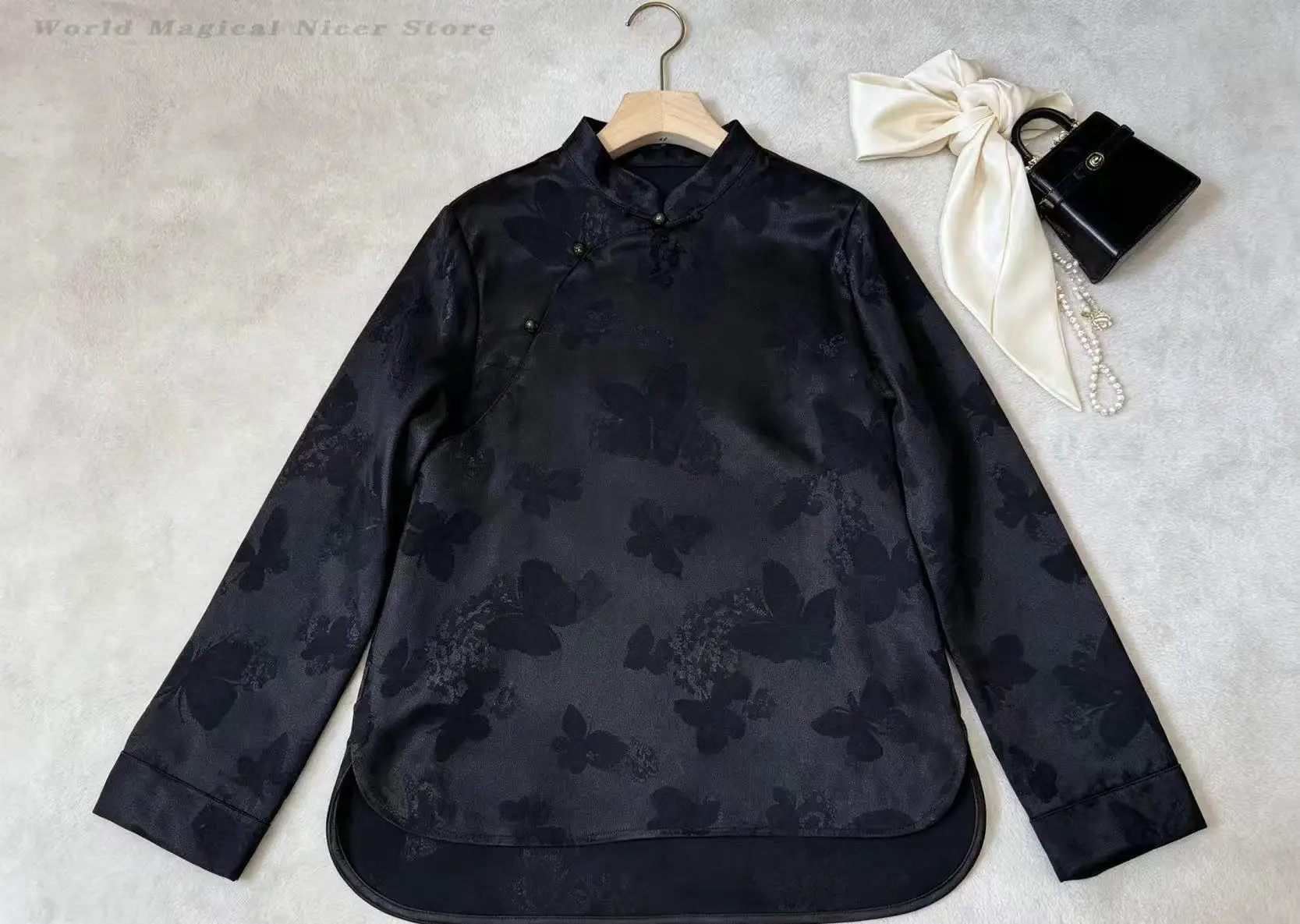 Women New Chinese Improved Cheongsam Top Stand Collar Long Sleeve T Shirt Retro Style Inner Basic Layering Blouse