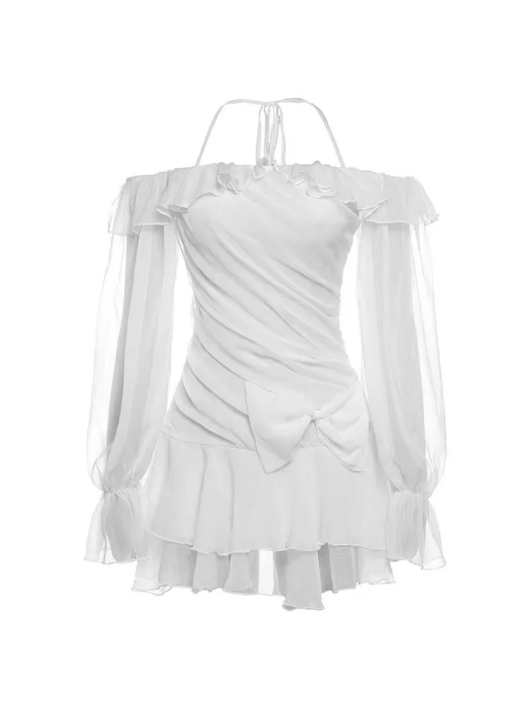 

France Sweet Off Shoulder One Piece Dress Women Elegant Sexy Slim Party Clothes Female Korean Chic Design Fairy Dresses 2025 New