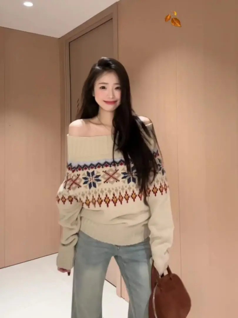 

Ретро-свитер Fair Isle с открытыми плечами, свободного кроя, осенне-зимний, повседневный, средней плотности вязки, для женщин