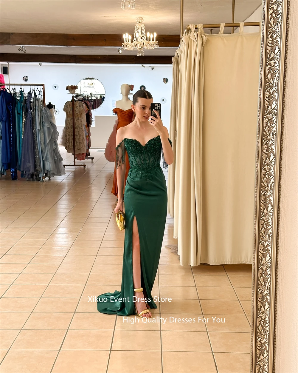Xikuo Vintage Satin Quaste Meerjungfrau Abendkleider Formelle Kleidung Frau Party Hohe Schlitz Grün Gefrieste Abendkleid Angepasst