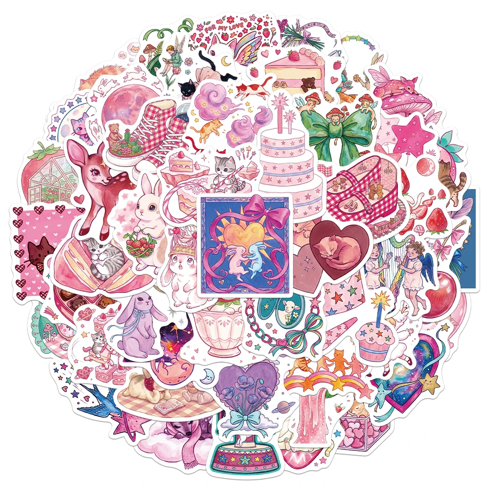 50PCS Creative Pink Fairy Tale Stickers Exquisite DIY Notebook Phone Case Water Cup Personalized Decorative Stickers