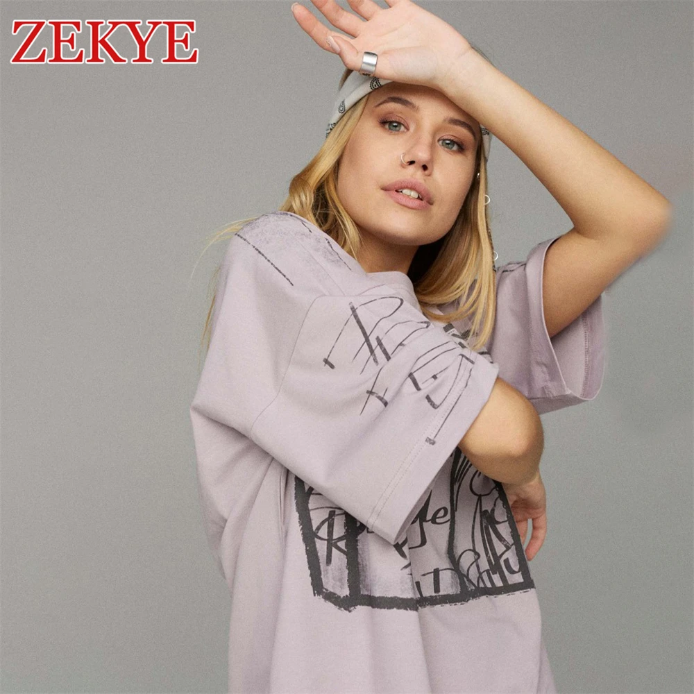 Zekye-ropa de calle con estampado Vintage para mujer, Top Harajuku con cuello redondo, Camiseta holgada básica de verano, ropa informal de los años