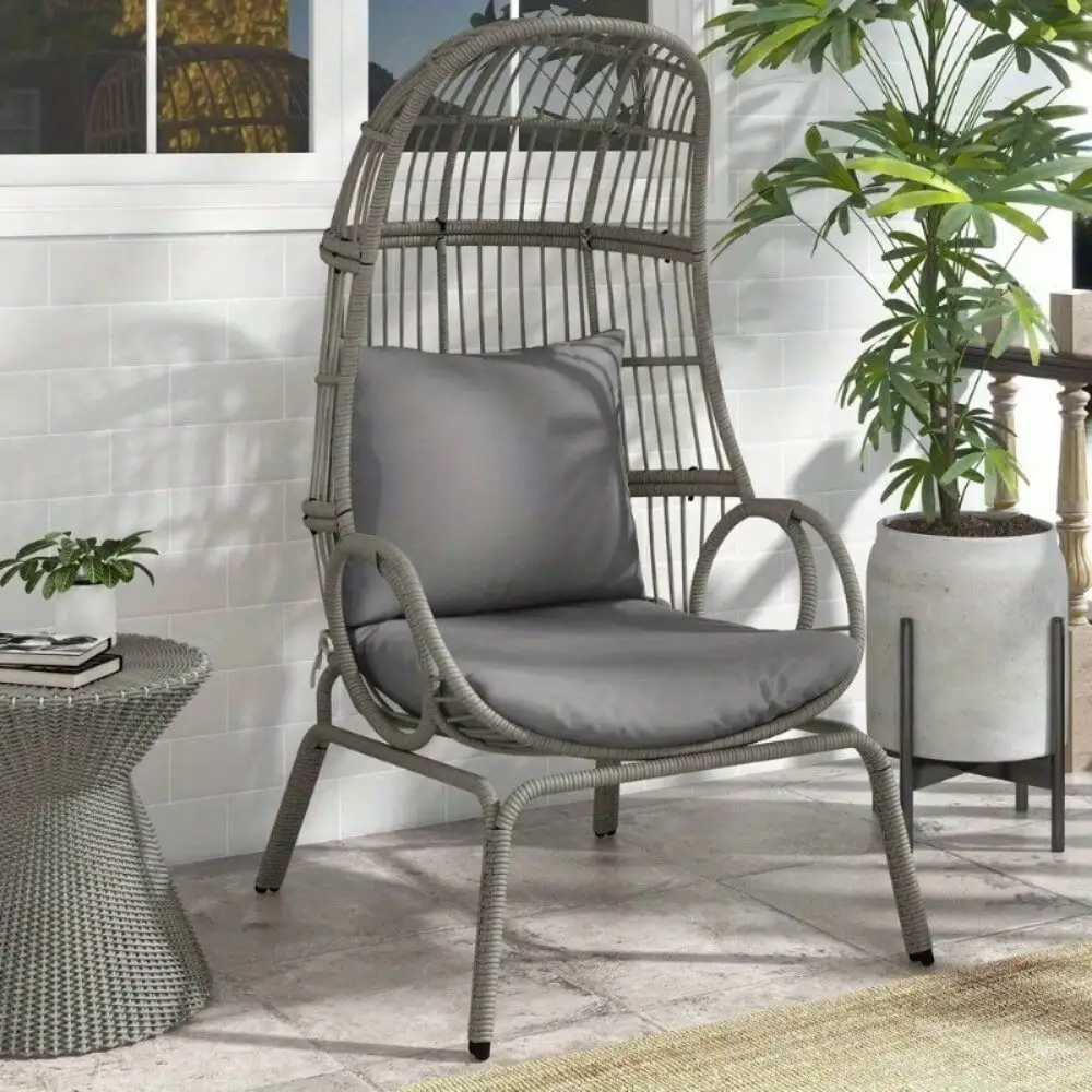 Egg Chair Outdoor Patio Rattan Wicker Lounger Teardrop Steel Stand With Cushions