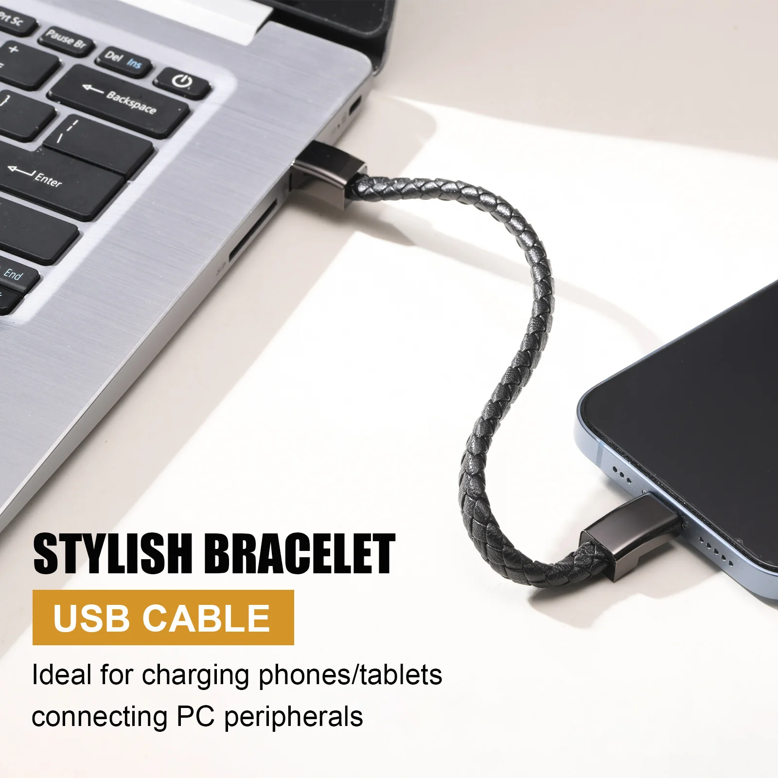 Leather Rope Bracelet for Men Boys,Black Charging Cable Wristband,Simple Convenient Jewelry Gifts