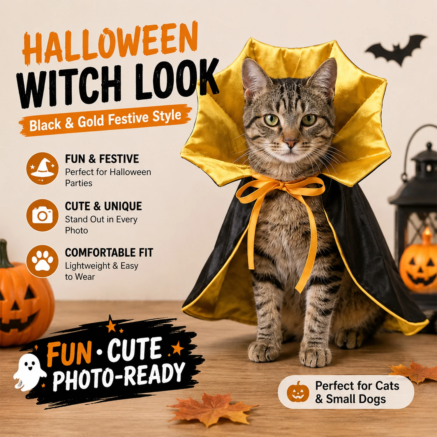 Halloween-Vampirumhang für Katzen und kleine Hunde, schwarzes, orangefarbenes Fledermausflügel-Kostüm für Haustiere, verstellbare, elastische Beinriemen und Bindebänder. – Detail 1