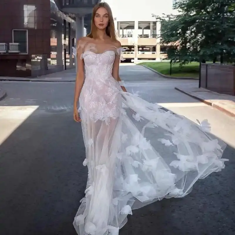Cute Mermaid Wedding Dress Tulle Butterfly O-Neck Lace Bridal Gowns Sequins Appliques Satin Vestina De Novia Size Customized