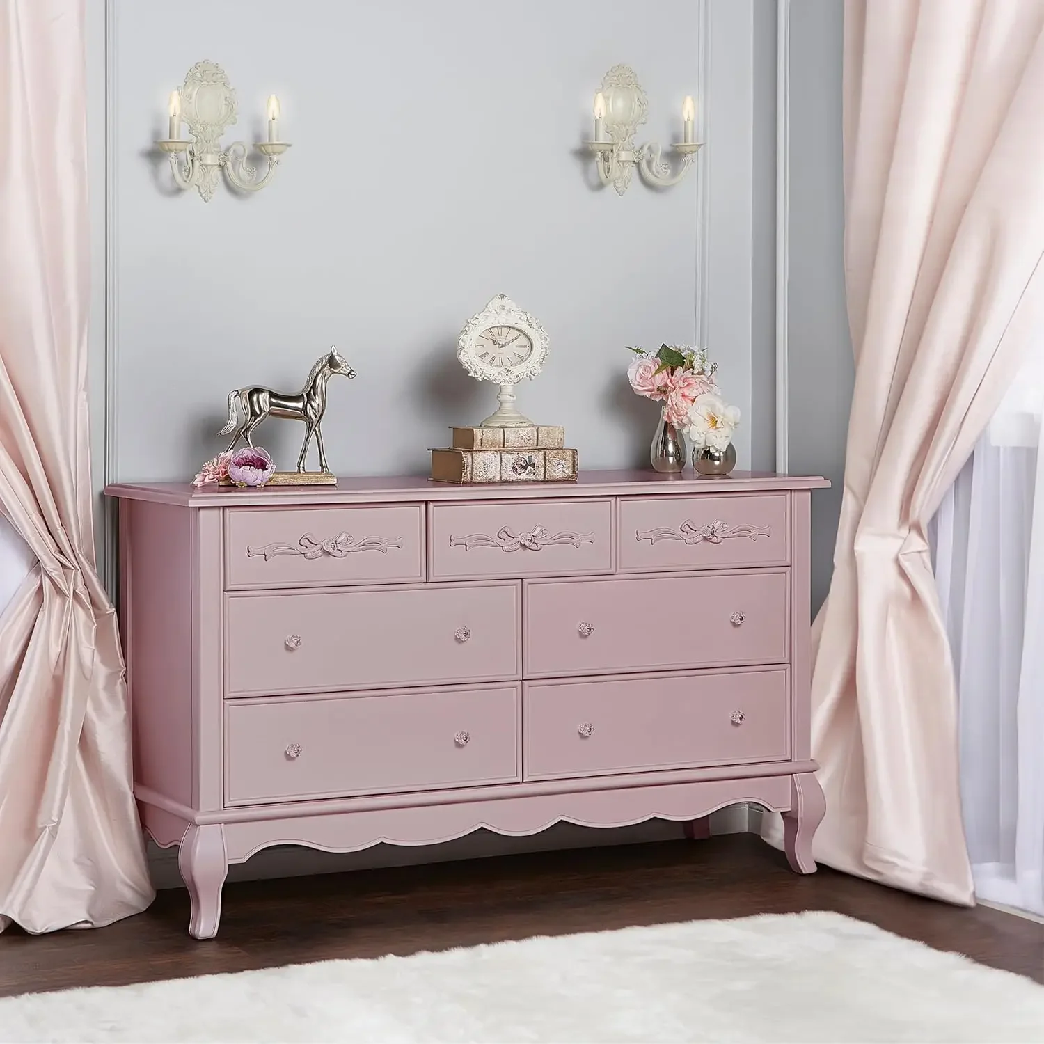 Baby Double Dresser 7 Drawer 54 x 20.3 x 34 Inch Freestanding Storage Chest for Nursery Bedroom Hallway Dusty Rose