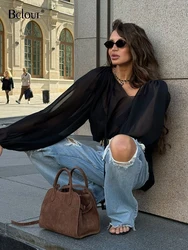 Bclout Elegant Chiffon Loose Black Shirts Women Fashion V-Neck Solid Pullover Blouses Casual Long Sleeve Transparent Tops Female