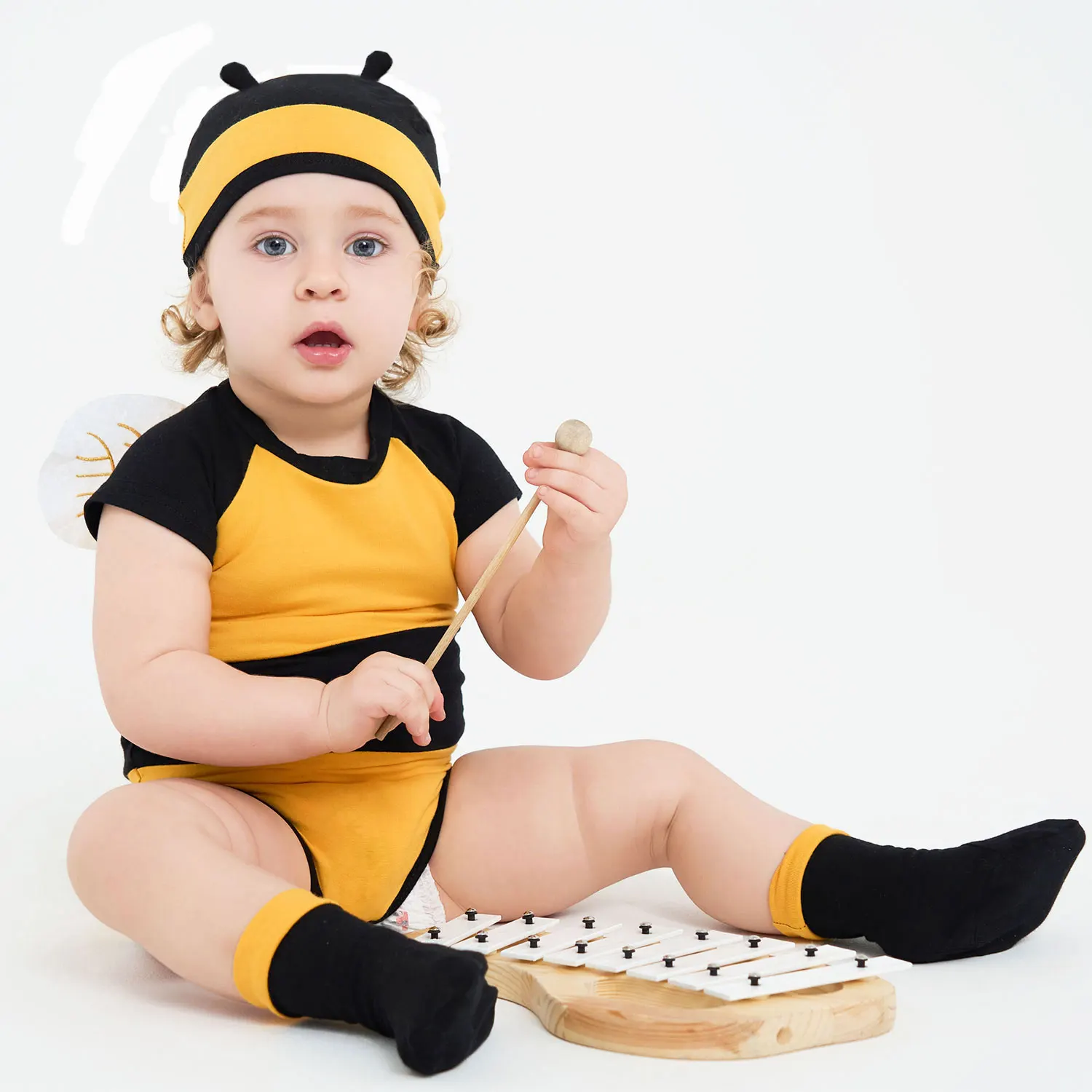 Umorden 1-12M Baby Boys Girls Honeybee Bee Bodysuit Hat Wings Socks Set Short Summer Birthday Photography Costume Fancy Dress