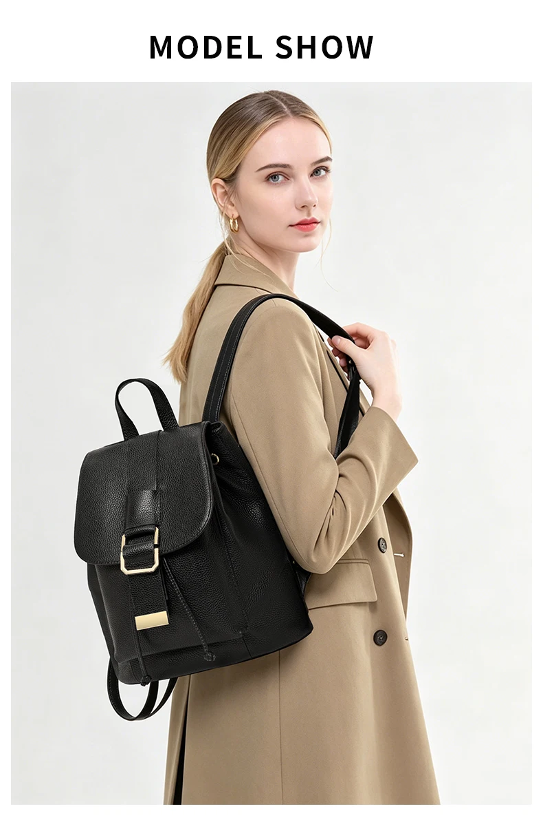 Damen-Rucksack aus genarbtem Leder, Mini-Rucksack mit Kordelzug und goldener Schnalle, lässiger Tagesrucksack für Damen, ideal für Arbeit und den täglichen Gebrauch – Detail 1
