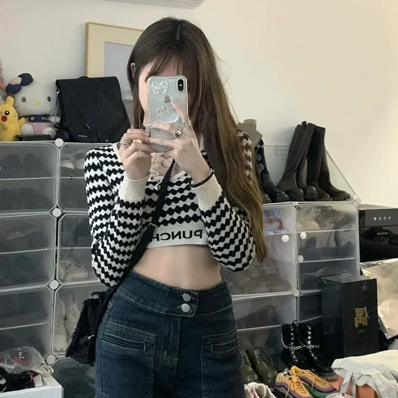 Pullovers Women All-match Argyle Korean Fashion Teens Spring Street Wear Basic Design Sexy Slim Ulzzang Gentle Feminino Hot Sale