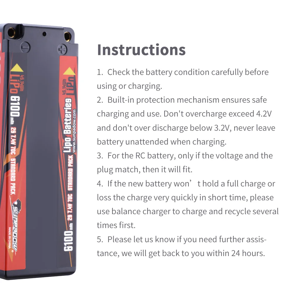 Sunpadow 7.4V 2S Lipo Battery 6100mAh 70C Hard Case with 4mm Bullet for RC Truck Car Truggy Buggy Vehice Hobby