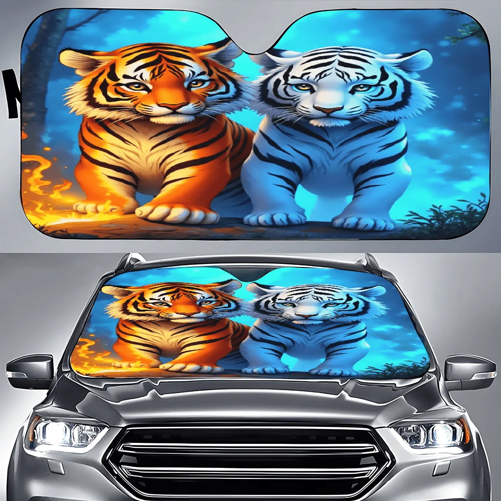 Couple Of Tigers Sitting Next To Each Other In Front Of A Fire Car Auto Sunshades Car Sunshade, Front Window Sun Cover For Car,