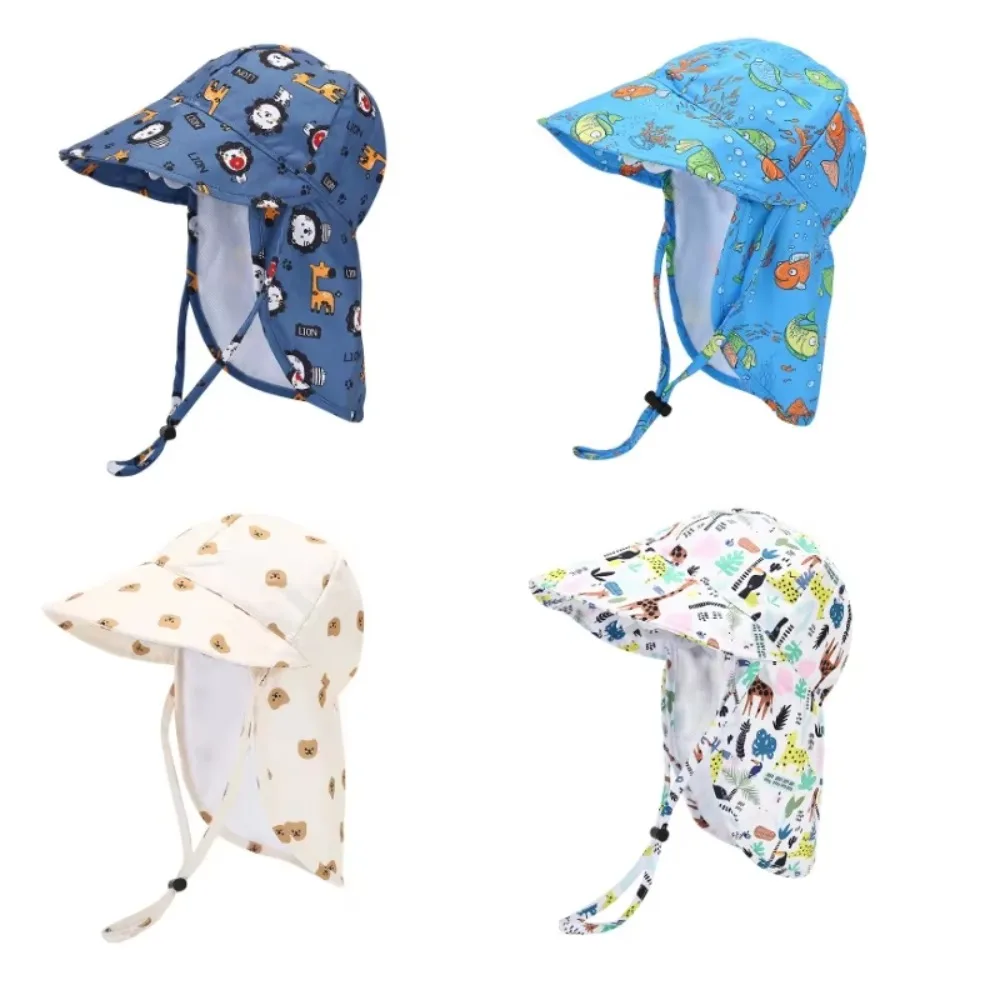 

New Cartoon Children Bucket Hats Mesh Sun Protection Girls Hat Breathable Shawl Sun Hat Children
