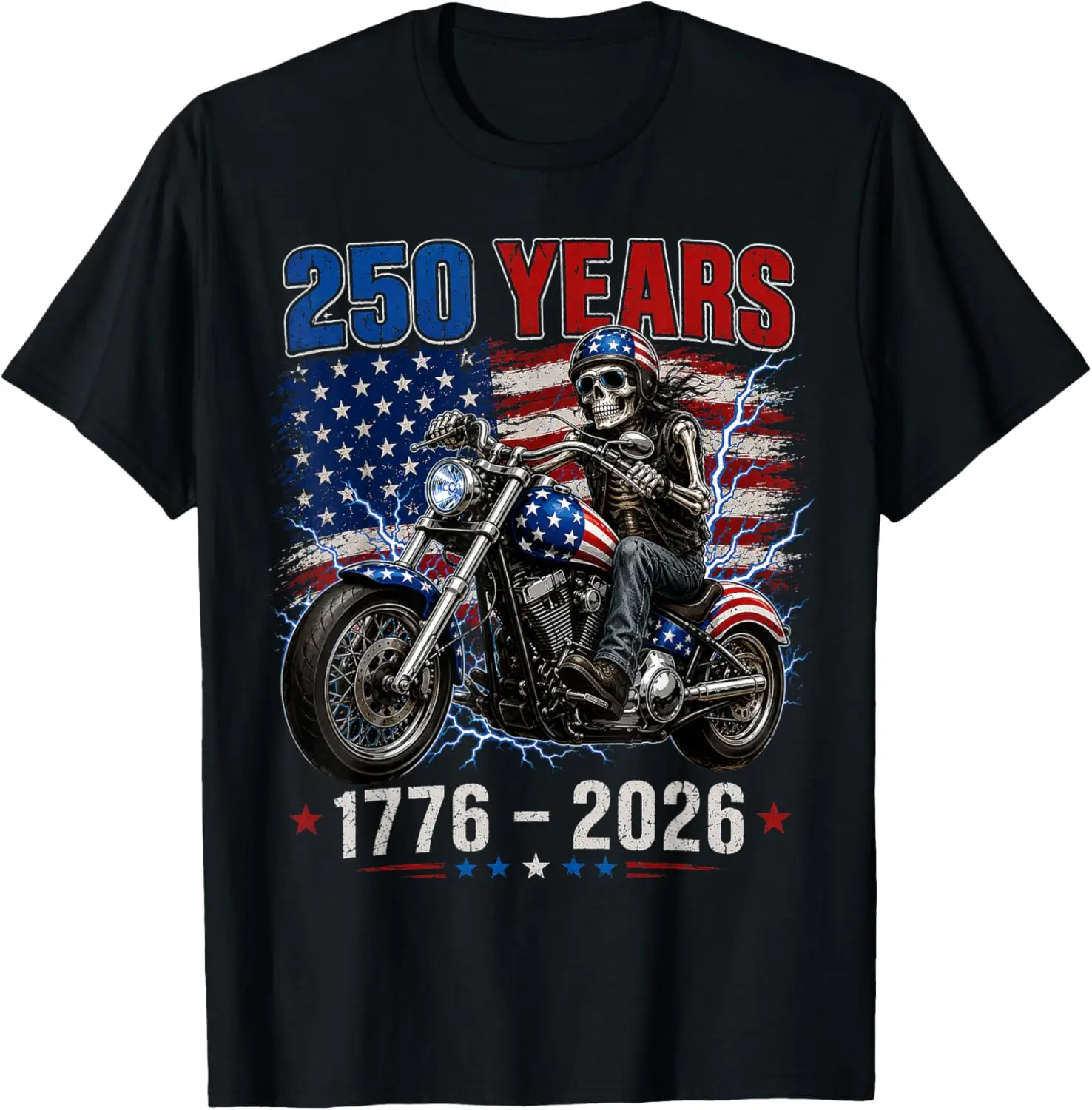 250 Anniversary 250Th American Skull Motorcycle USA Flag T-Shirt 100% Cotton Trendy Y2K Short-Sleeve Tee-Soft, Quick-Drying,