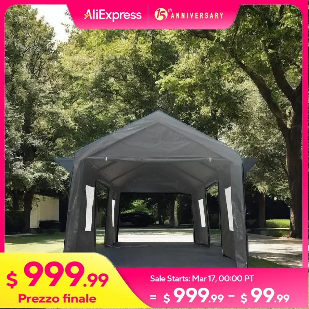 12'x20' Carport with Roll-Up Ventilated Windows & Removable Sidewalls, All Season Car Shelter, Heavy Duty Portable Garage