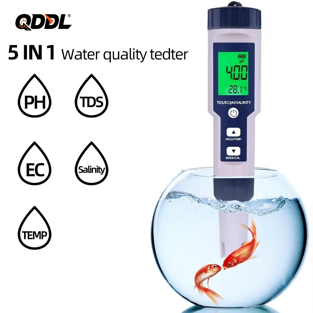 5-in-1-デジタル-ph-tds-ec-メーター-ペン型-塩分・温度・導電率・濾過度・純度測定器（バックライト付き）、水槽用水用