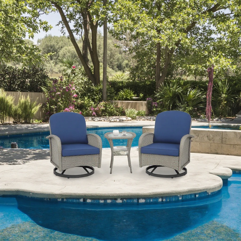 

Outdoor Garden Sofa 360 Degrees Swivel and Rocking Chair Patio Furniture Rattan Sofa Set 25D Foam 3pcs Wicker Furniture