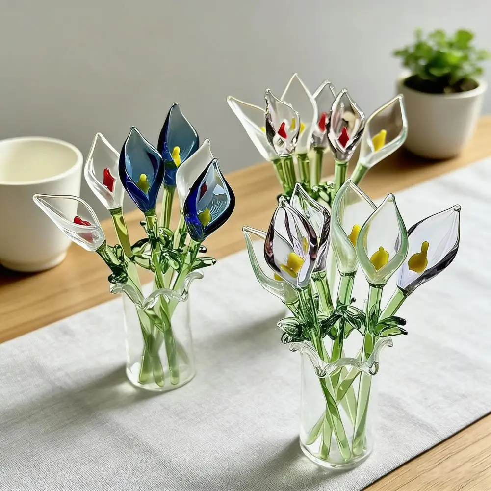Glass Callalily With Stem Hand-Blown Mini Glass Flower Figurine Decoration Home Living Room Office Colorful Floral Ornament