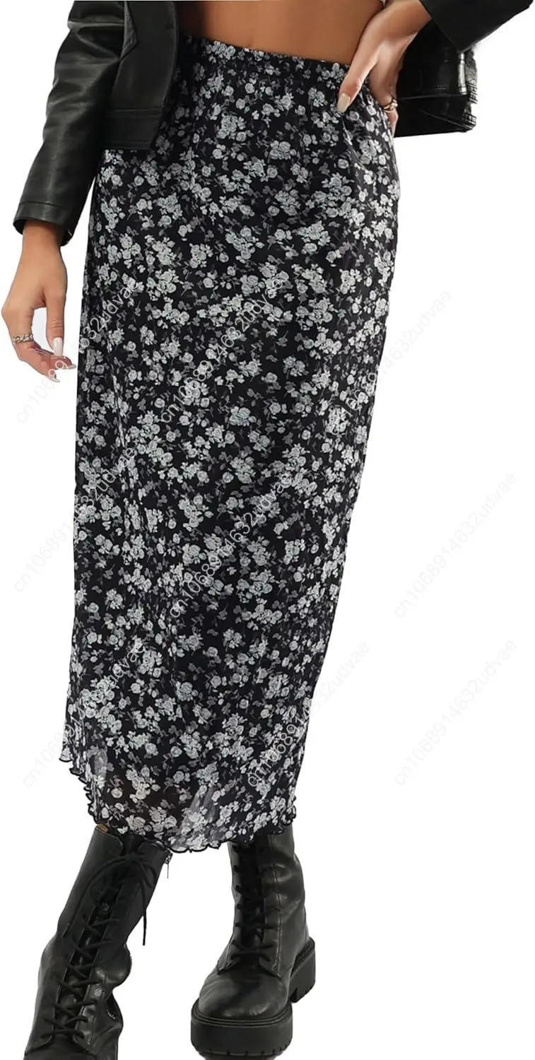 Avanova Women Mesh Floral Boho High Waist Midi Skirt Lettuce Trim Summer A Line Skirt