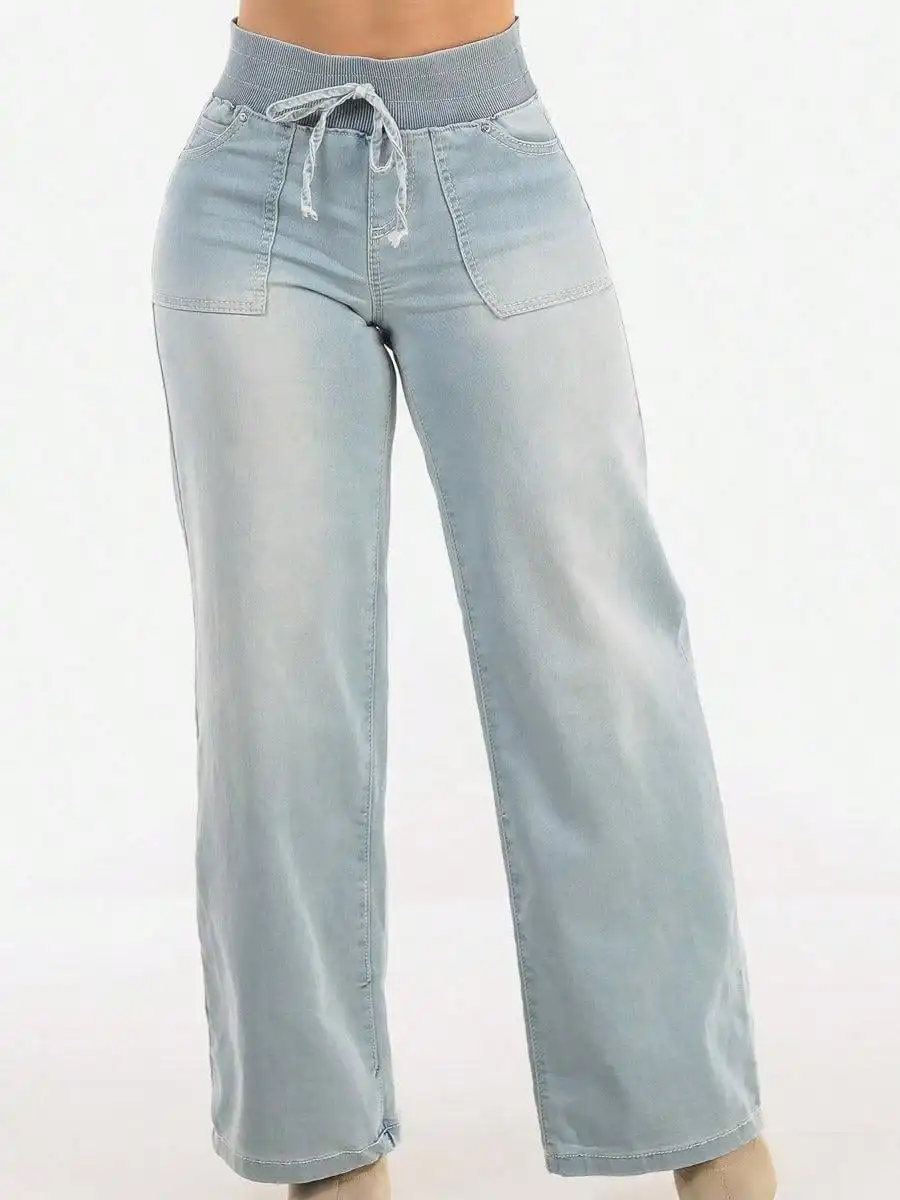 

Джинсы с высокой талией и широкими штанинами на шнурке, светлый деним, для женщин
