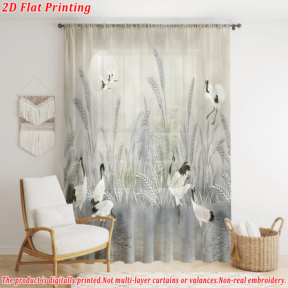 ستارة شفافة مطبوعة مسطحة من القصب الأبيض، قماش خفيف، لغرفة المعيشة وغرفة النوم وديكور المنزل والنافذة