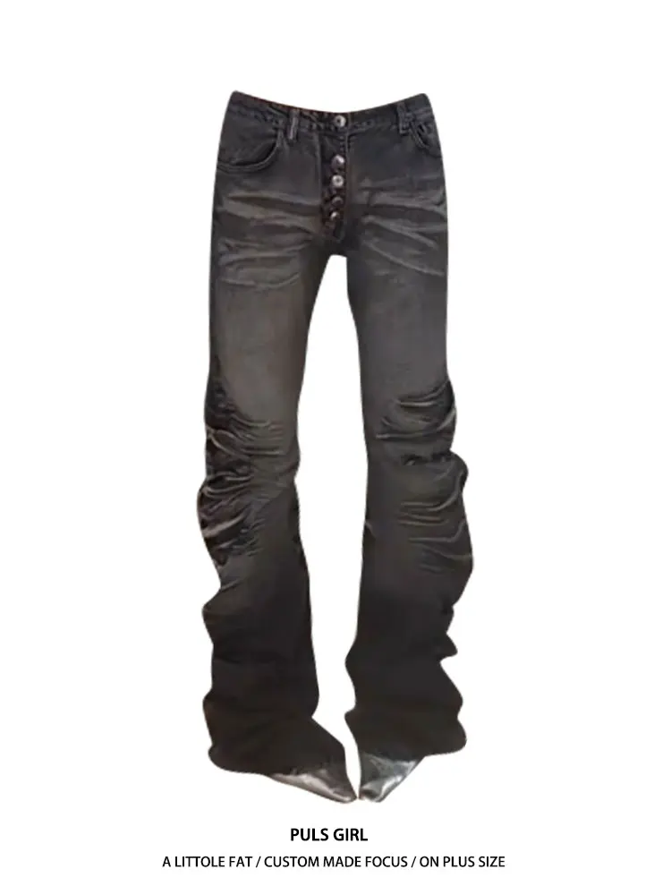 

Винтажные джинсы в американском стиле с эффектом потертости, на пуговицах, зауженного кроя, женские, модные, длинные брюки с драпировкой