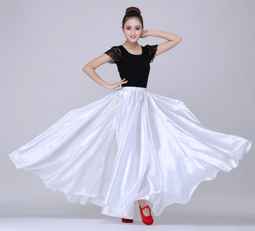 Belly Dancing Skirt Solid Gypsy Women Girl Spanish Flamenco Skirt Satin Big Swing Dress Adult Kids Stage Performance 360Degree