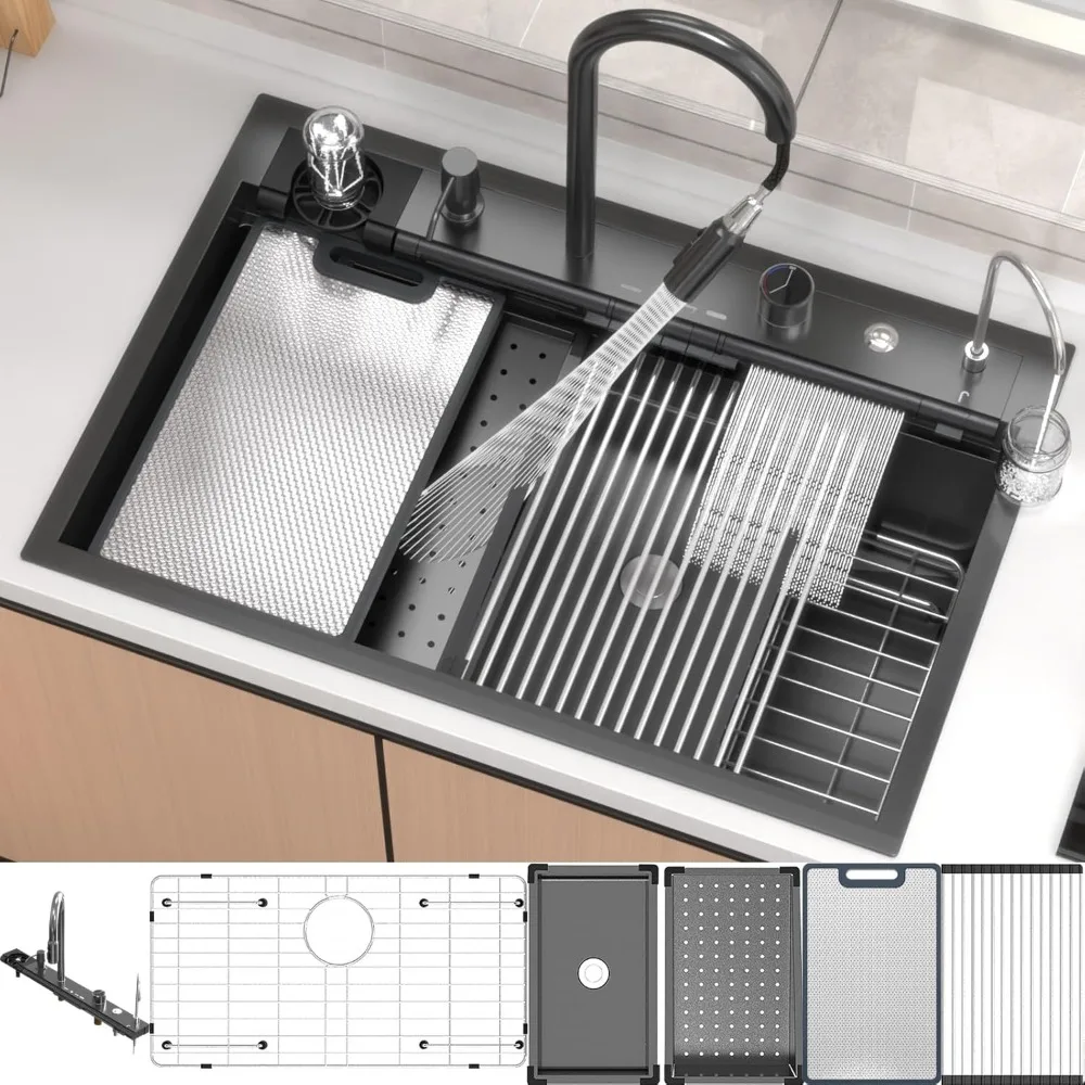 

Вставная кухонная мойка 33x22 дюймов с краем водопада и мойкой для чашек, черная одинарная чаша из нержавеющей стали калибра 16 калибра, нано-бражета Fi