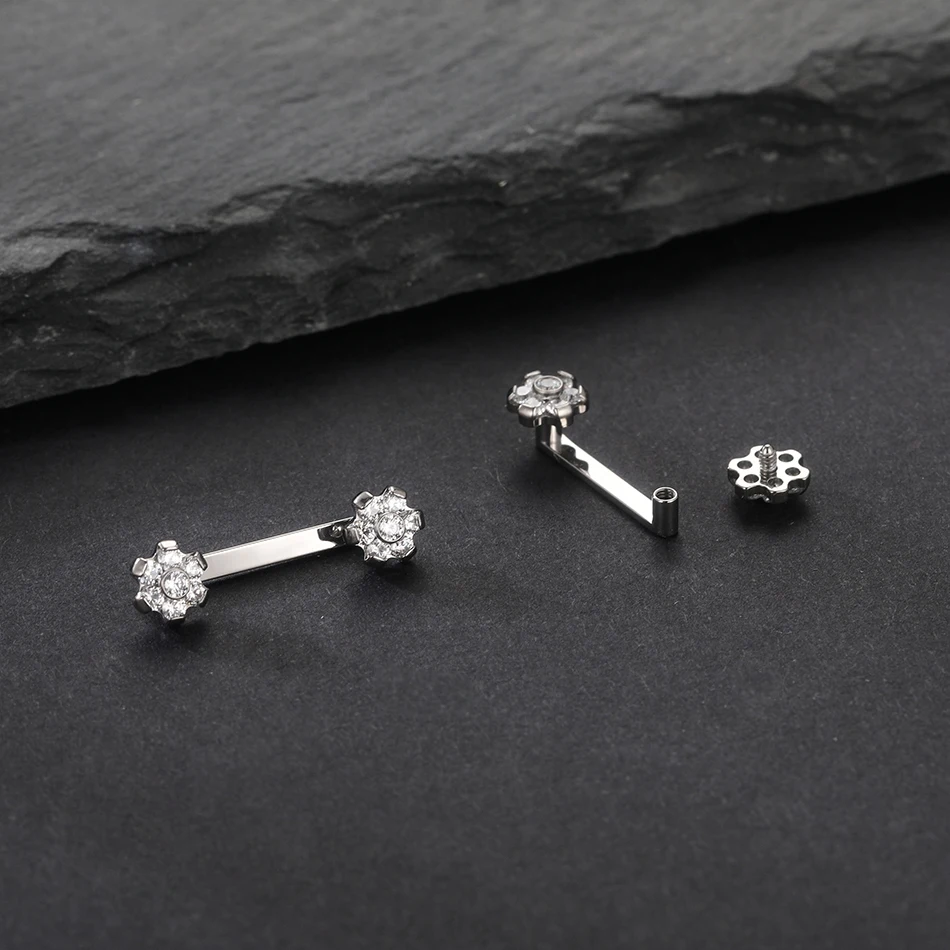 2/5Pcs Implant Titanium 14G 10-18mm Tragus Surface Barbell Piercing CZ Crystal Flower Surface Piercing Micro Dermal Anchors Bar