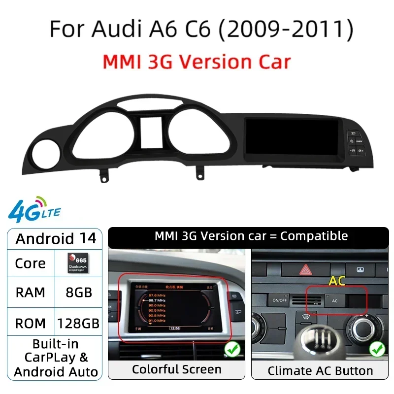 Android 14 Auto Radio CarPlay voor Audi A6 C6 4F voor Audi Q7 4L 2005-2015 MMI 2G 3G GPS Auto Multimedia Speler Navi Stereo DSP