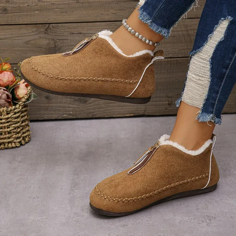 2024 Hot Sale Women Shoes Winter Women's Flat Boots Comfort Versatile Soft Lady Shoes Fashion Round Front Zip Flats Botas Mujer