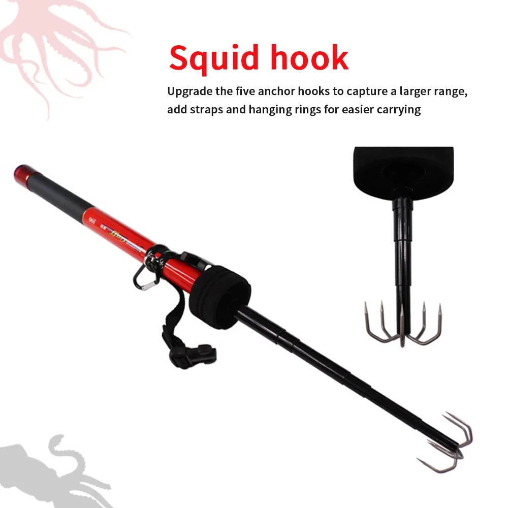 

Retractable Squid Tool Telescopic Rui Squid Jig Fishing Eging Squid Gaff 3.9 Meter Extendable With Free Carry Carabiner 5 Hooks