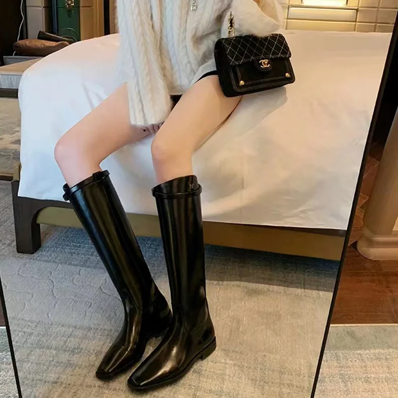 New Women's Boots Fashion Square Toe Knee-length Boot Elastic and Comfortable Thick-soled Black Keep Warm Stretch Ladies Bootes