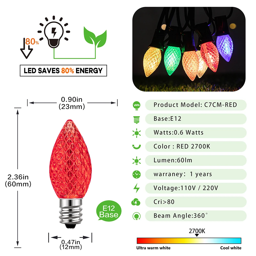 Imagem -03 - Lâmpadas Noturnas Substituíveis Led Coloridas para Decoração de Árvore de Natal Candle Light String Rgb c7 E12 Shatterproof 0.6w 25 Pcs