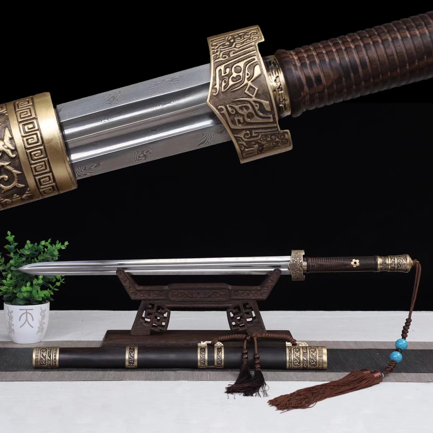 82cm Medieval Damascus Steel Hundred Chain Twist grain steel double groove hand grinding combat weapon sharp katana