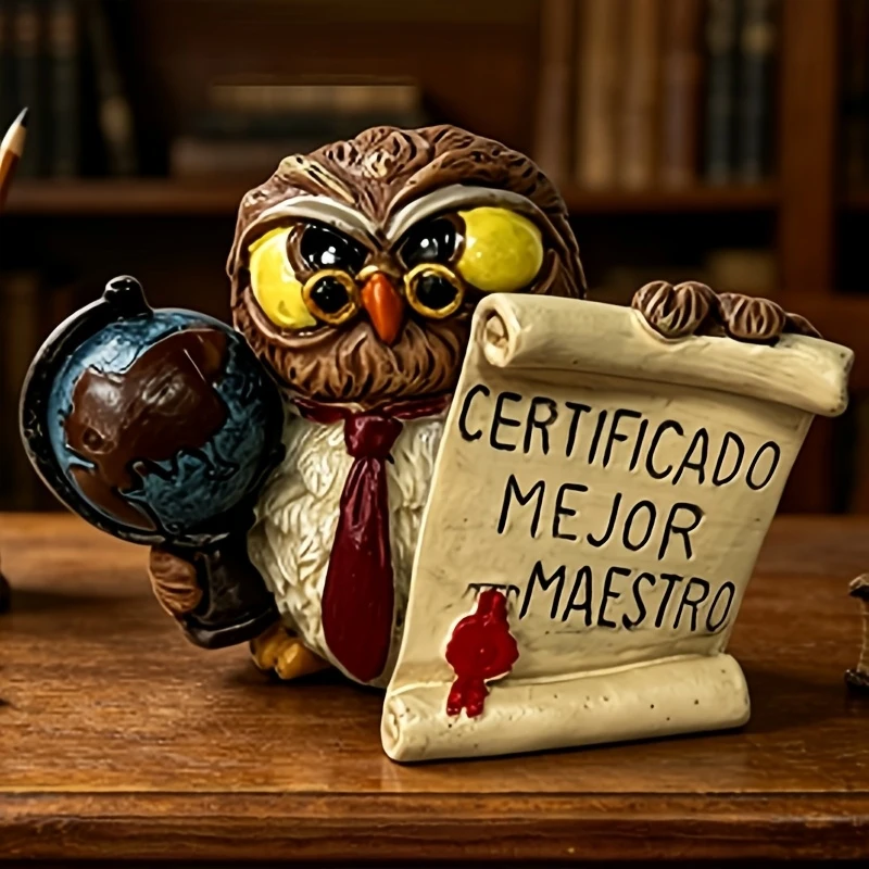 Resin Owl Teacher Figurine Brown Vintage With Globe Certificate Teacher Gift