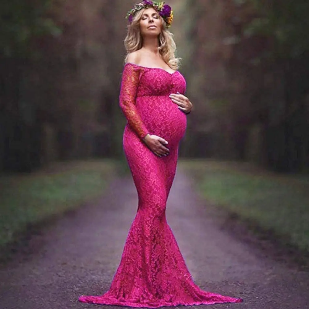 

Women Ruched Floral Lace Maternity Photography Prop Long Sleeve Maxi Dress Fancy Wedding Pregnancy Gown Baby Shower Photoshoot