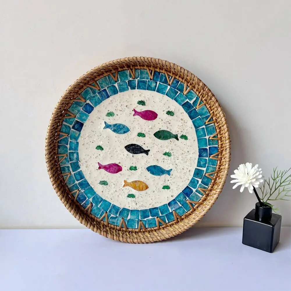 Creative Gift Shell Mosaic Round Woven Tray Home Decor Handmade Rattan Serving Tray Decorative Boho Table Tray