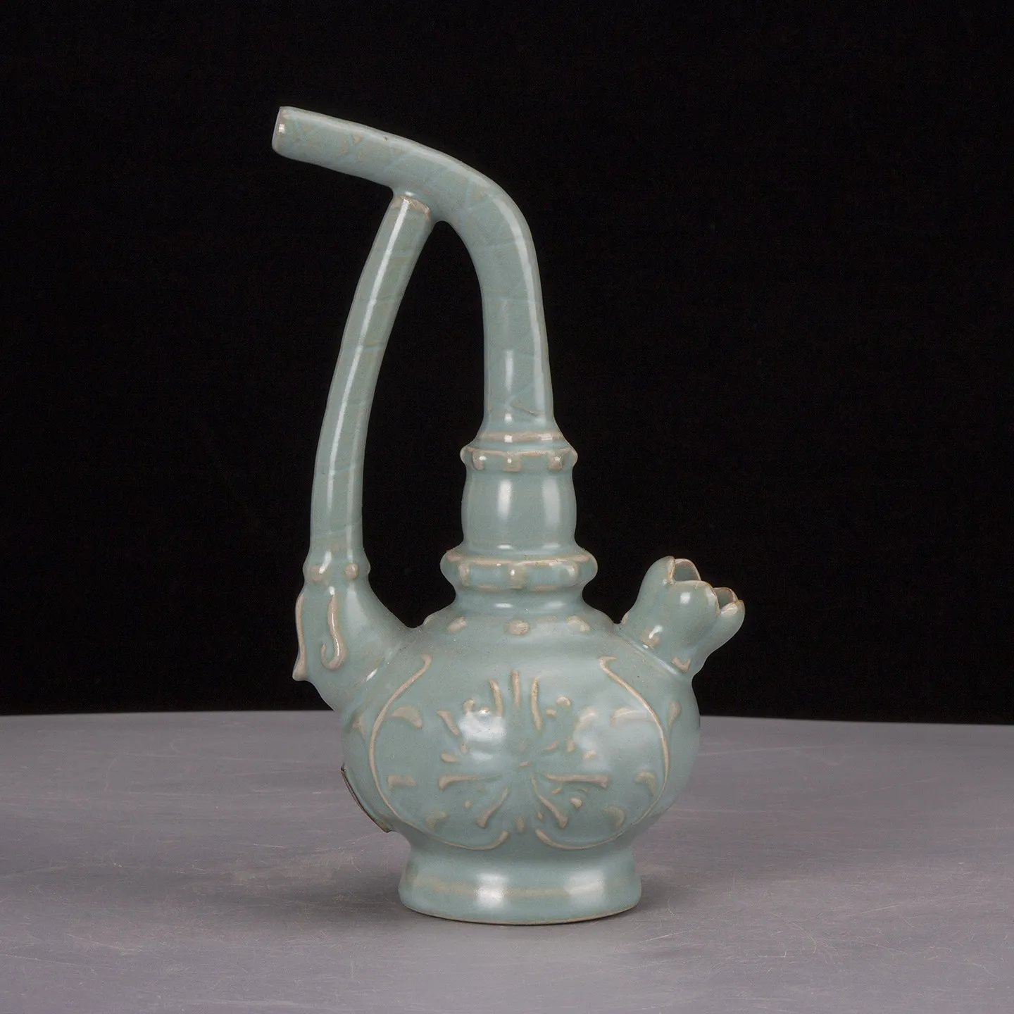 Ru Kiln Sky-Celadon Pipe, Floral Carved with Inscription Mark, Antique Collectible