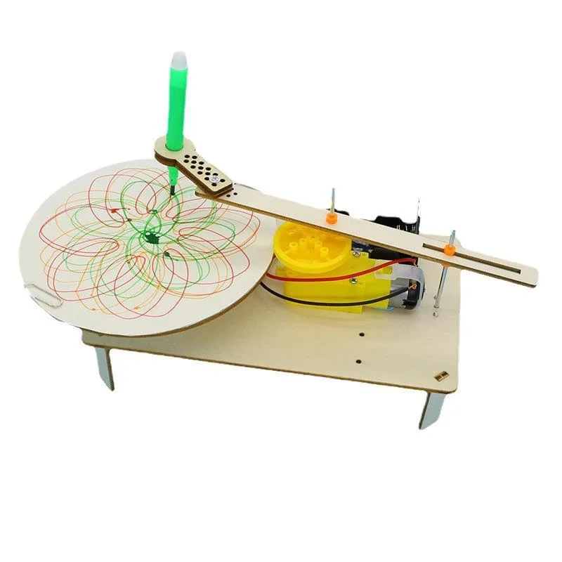 DIY Kids Creative Assembled Wooden Electric Plotter Kit Model Automatic Painting Drawing Robot Science Physics Experiment Toy