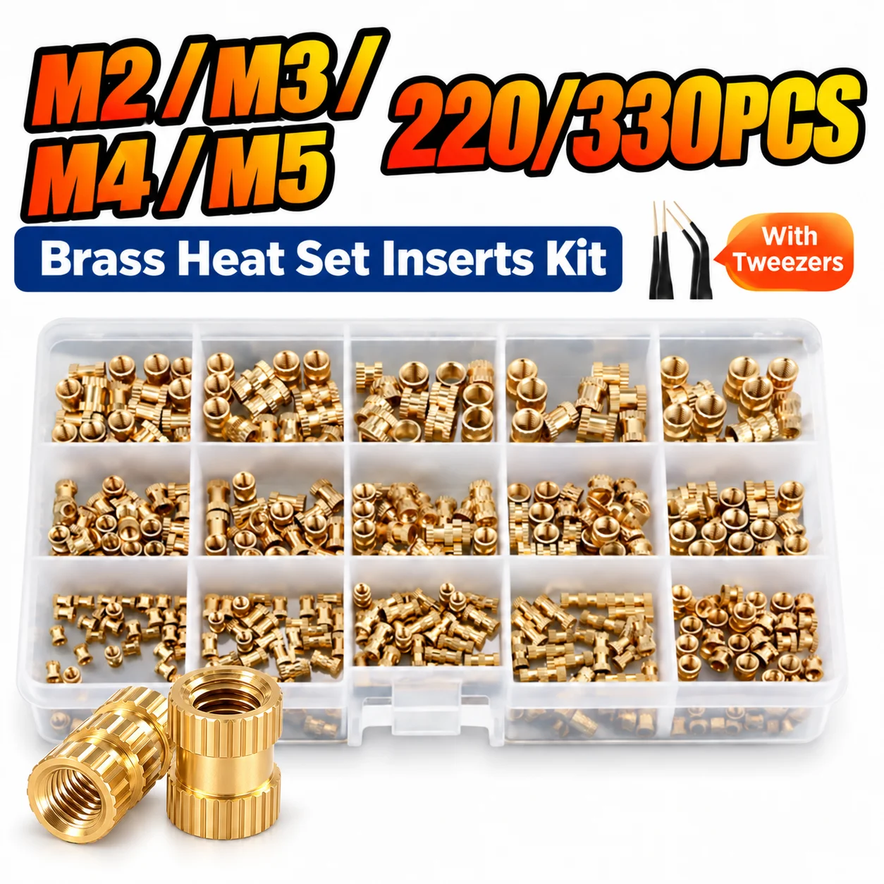 330/220-teiliges Messing-Wärmeeinpress-Einsatzset M2 M3 M4 M5 Gewindeeinsätze für 3D-Druckmodelle, mit Pinzette 3D-Drucker-Zubehör