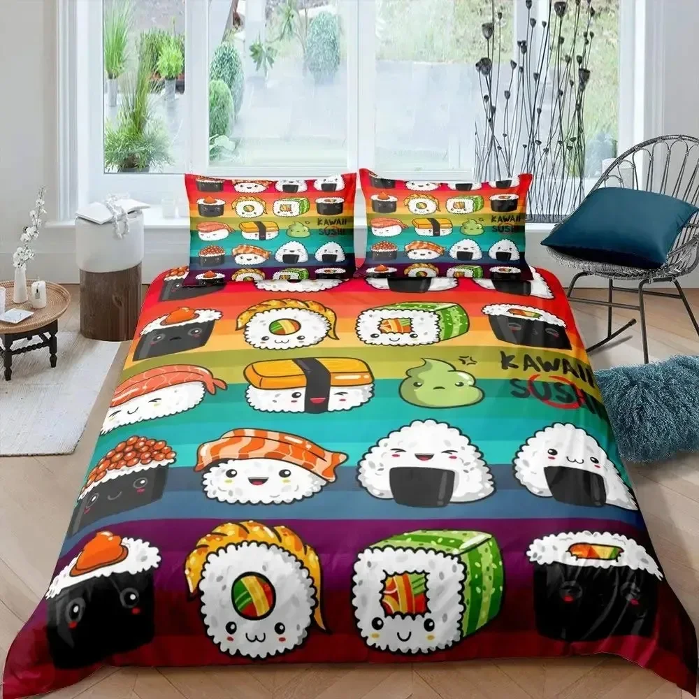 

Sushi Pattern Duvet Cover Set King Microfiber Japanese-Style Comforter Cover Food Theme Cute Cartoon Japanese Sushi Quilt Cover