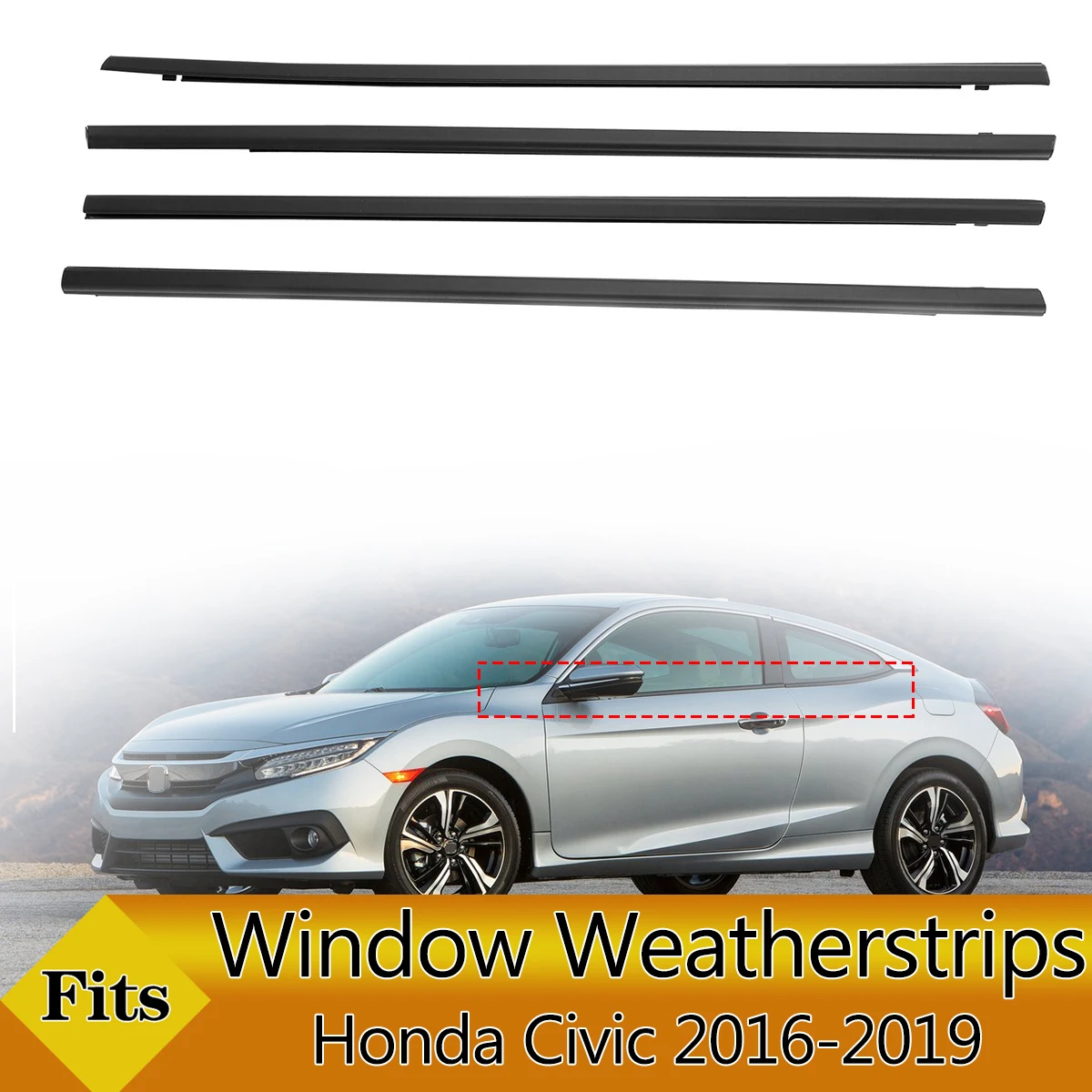 4PCS Car Outer Windows Rubber Weatherstrip Waterproof Pressure Strip Sealing Belt Moulding Trim For Honda Civic 2016-2019 Black