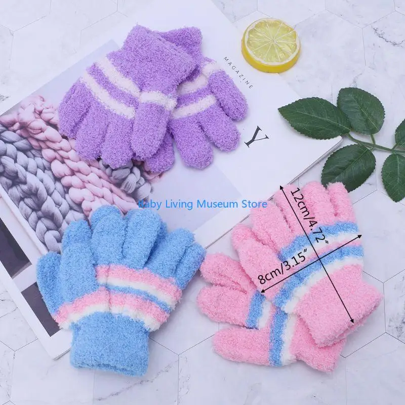 

P31C Lovely Plush Stripe Mitten Coral Fleece Cartoon Toddler Gloves for Cold Weather Winter Full Finger Gloves Party Dress Up