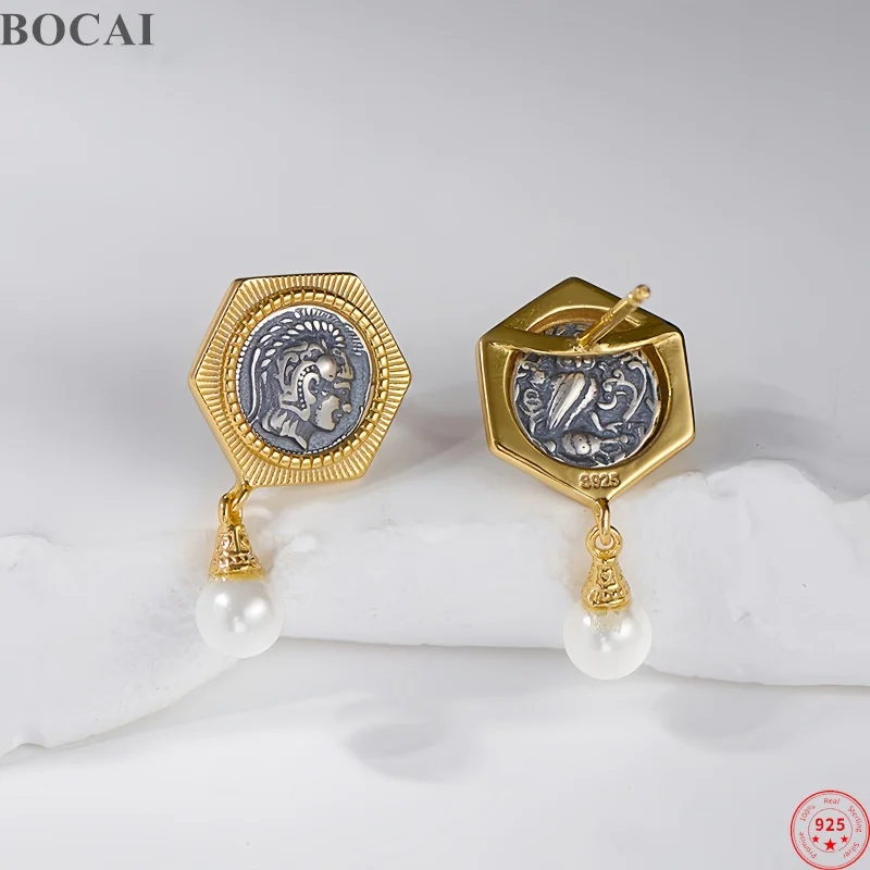 

BOCAI NEW S925 Sterling Silver Stud Earrings for Women Ancient Coin Athena Portrait Charms Gilded Ear Stud Fine Choice Jewelry