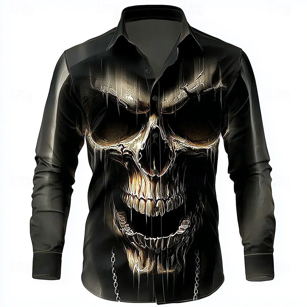 Men's Gothic Style Shirts 3D Print Skull Graphic Long Sleeve Tops Autumn Fashion Casual Lapel Button Clothes Halloween Theme Top